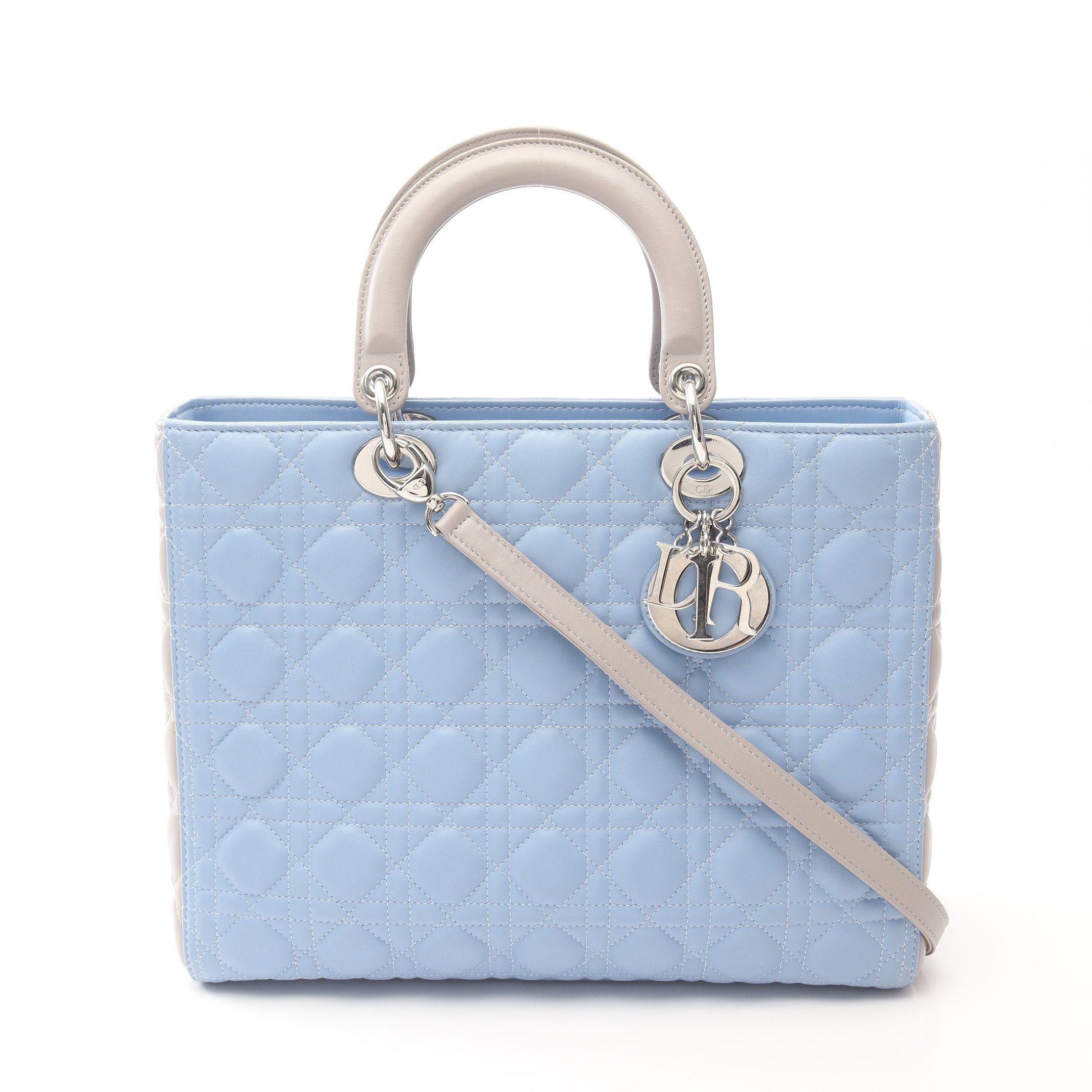 Dior Lady Dior Large Canage Handbag Leather Light Blue Gray