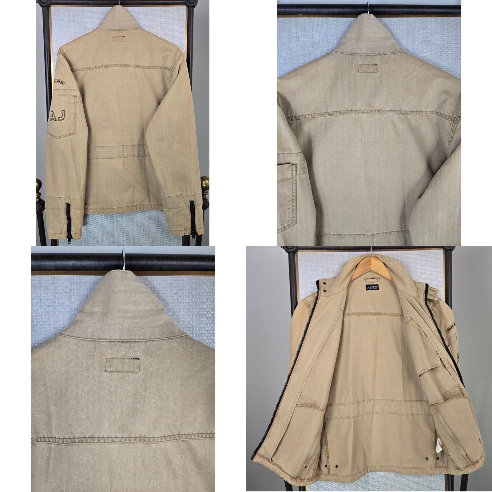 Vintage Armani Jeans Mens Trucker Jacket Full Zip Cotton Khaki Beige Large Size Casual, 100% Cotton, Stand-Up Collar, Pockets, Breathable, Regular Fit Size US 33 - 8 Thumbnail