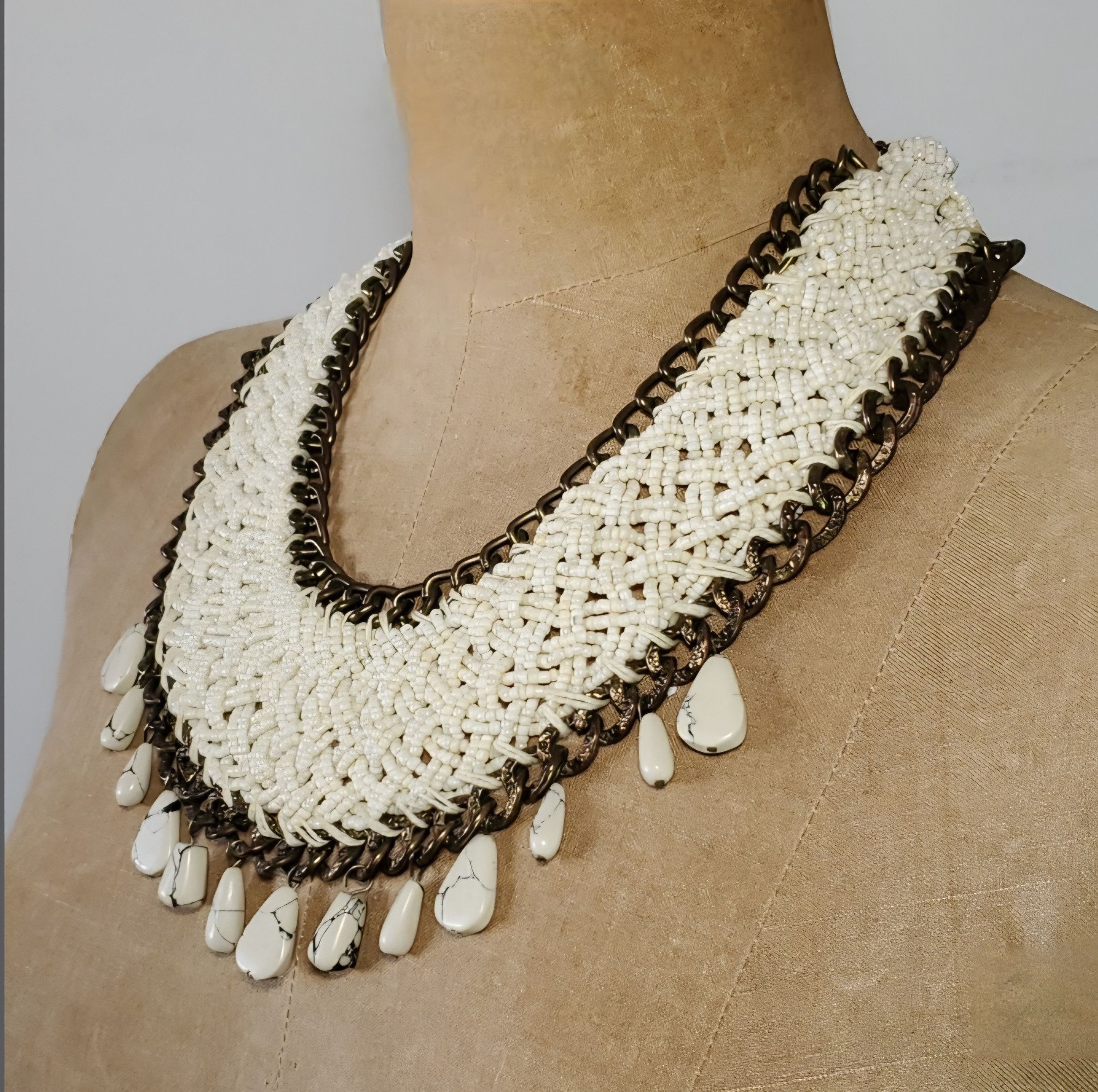 Handmade Necklace 18-24" Collar Woven Beaded Hand Crafted White Size ONE SIZE - 3 Thumbnail