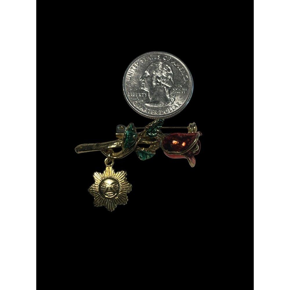 Jewelry × Vintage Vintage Gold Toned Red Rose with Dangling Sun Brooch Pin Size ONE SIZE - 5 Thumbnail