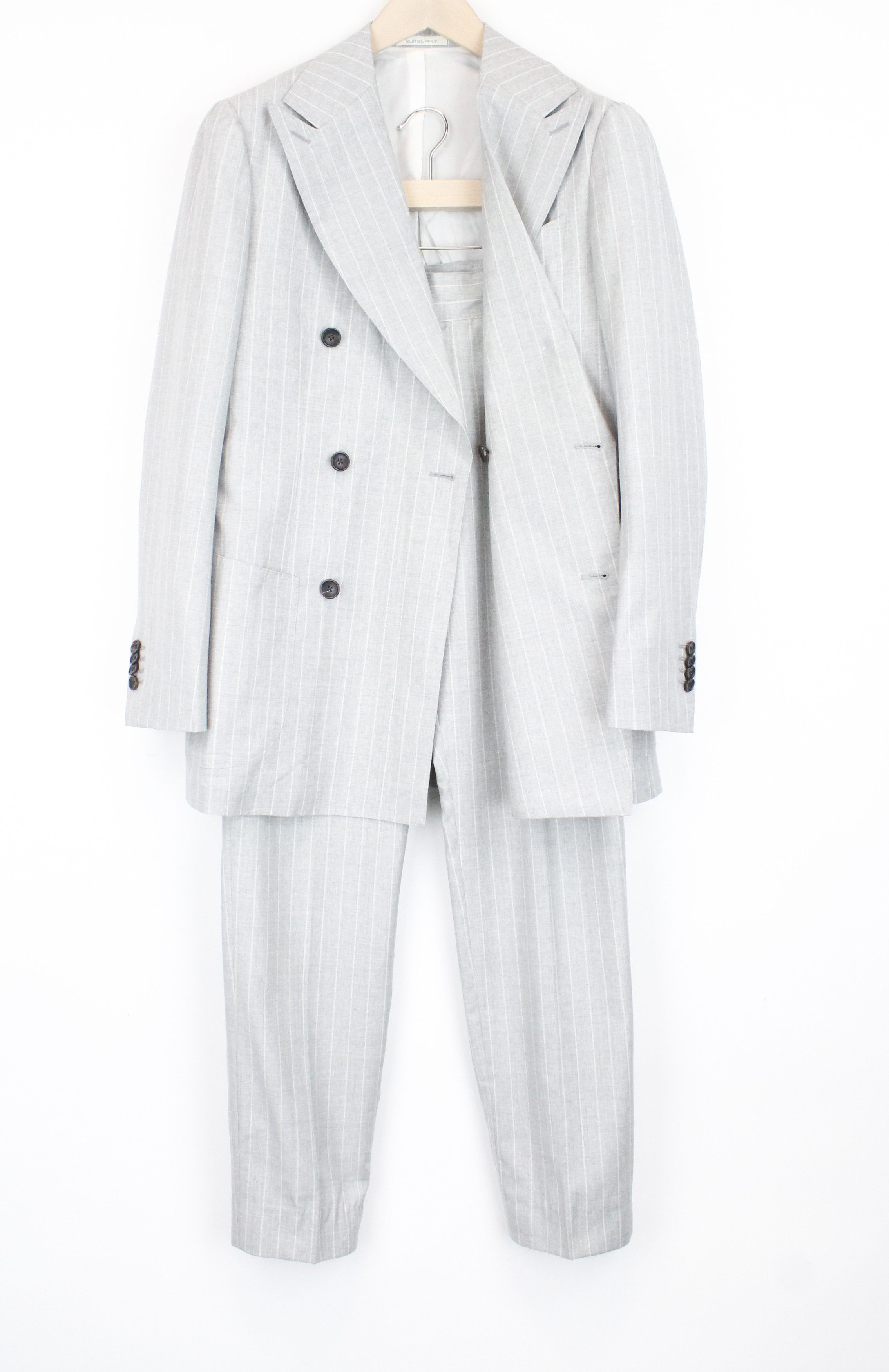 image of Suitsupply Havana Uk38R Grey Two-Row Slim Striped Wool S130 Suit 67527, Men's