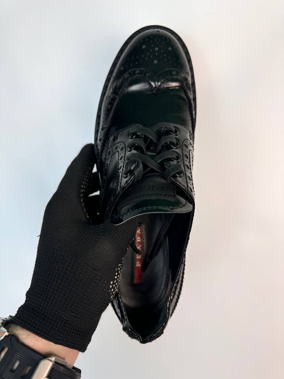 Prada × Vintage PRADA 3E5739 Dress Shoe Sport Wingtip Black Enamel Used Size US 9 / IT 39 - 3 Thumbnail