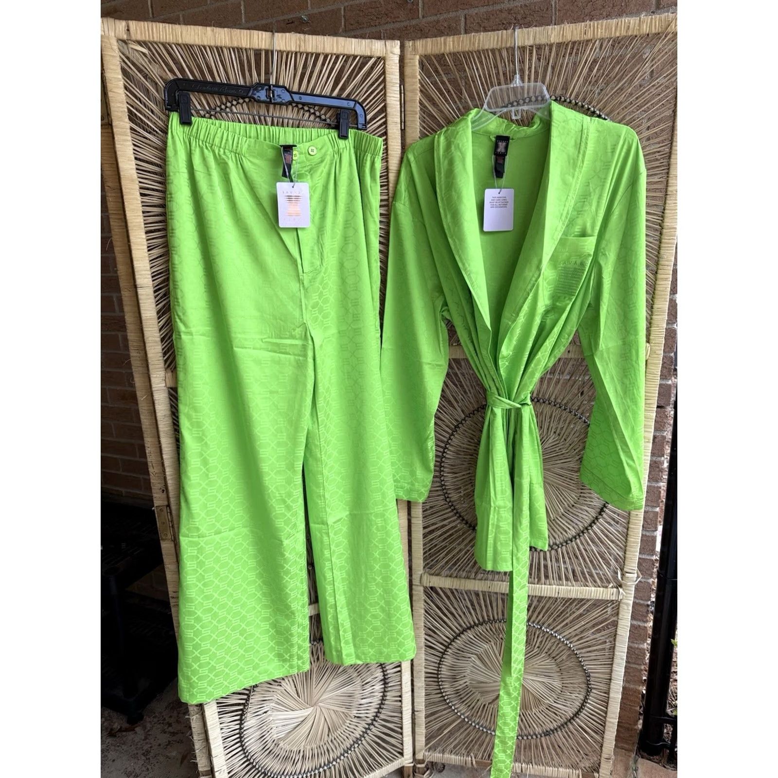 Vintage Savage Smoking Jacket and Satin Pants Kelly Green Jacquard Monogram M Men Lounge Set Size US 31 - 3 Thumbnail