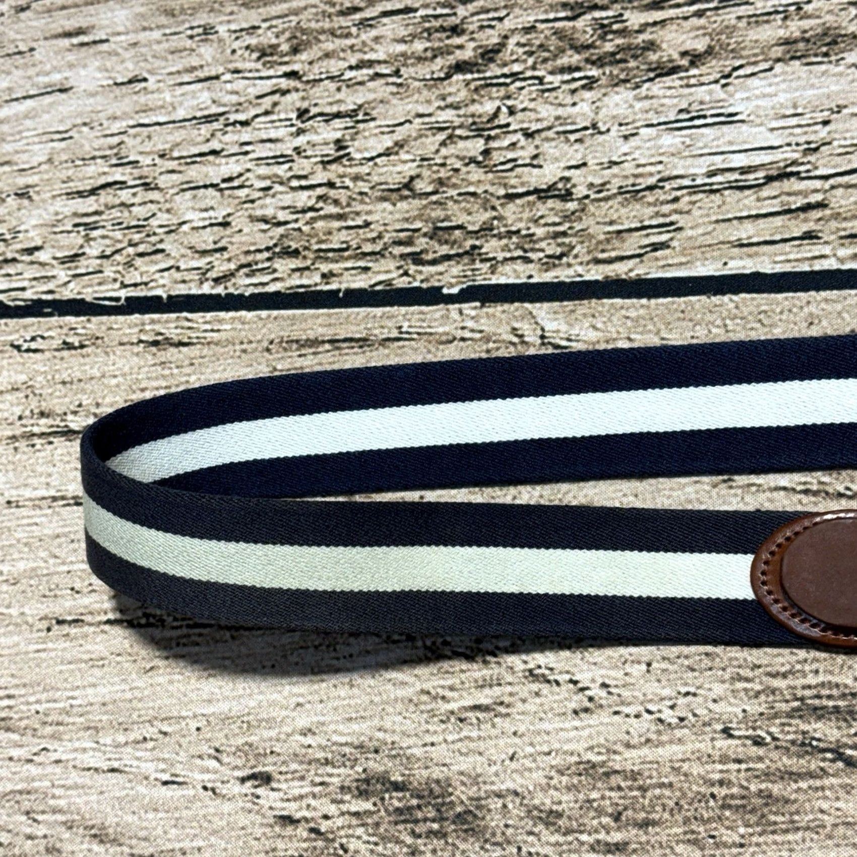 Vintage J Press Belt Mens 42 Brown Canvas Leather Blue White Striped Brass Buckle Adjustable Regular US University Preppy Size 42 - 7 Thumbnail