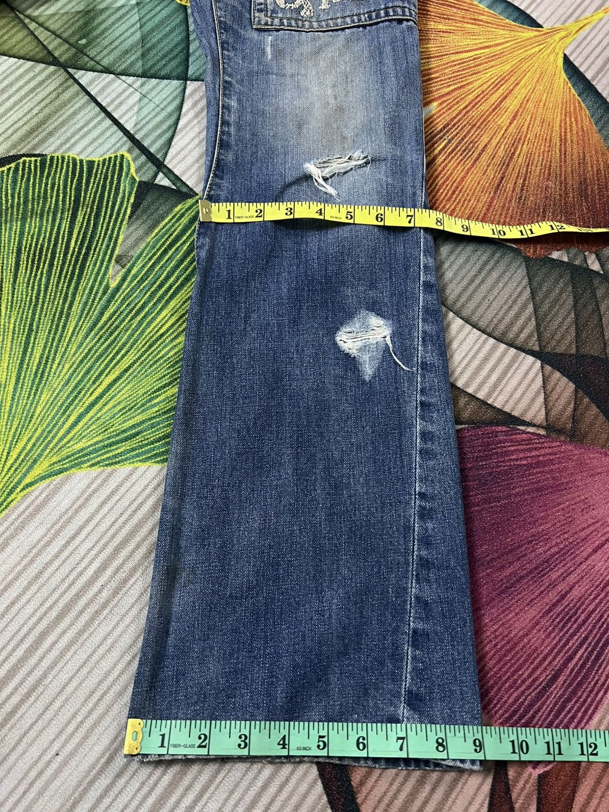 Japanese Brand 💥Twist Leg💥Purple & Yellow Distress Backle Back Flare Jean Size US 31 - 6 Thumbnail