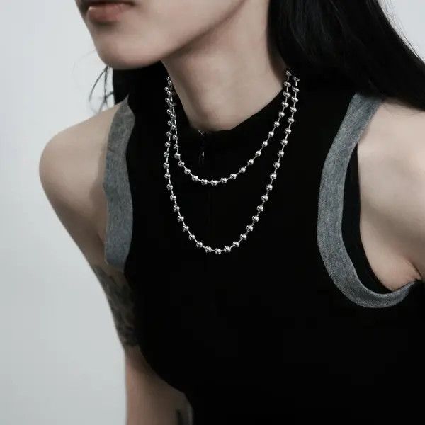 Jewelry Silver Ball Bead Necklace – Stacked Hip-Hop Chain Size ONE SIZE - 4 Thumbnail