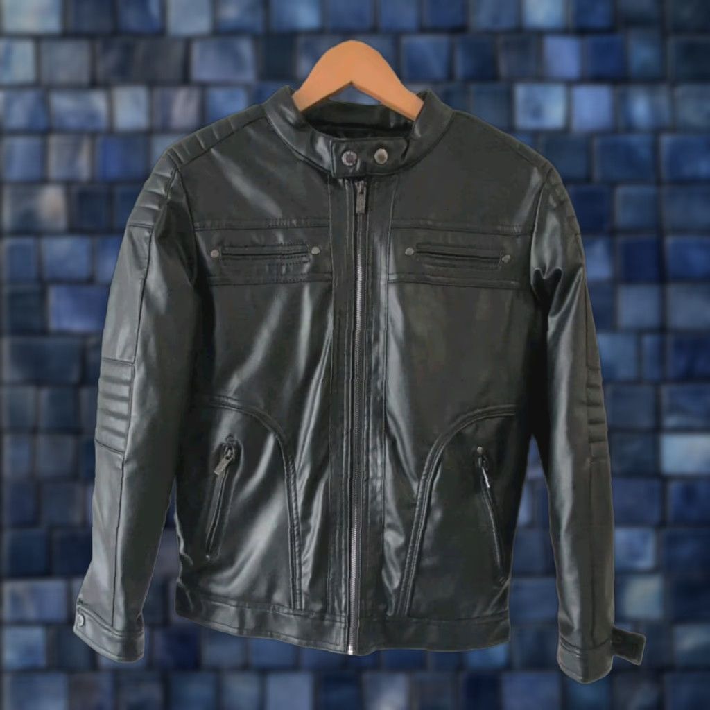 Vintage Blackout Womens Junior Faux Leather Moto Jacket 10/12 Black Fleece Lined Pockets Size L / US 10 / IT 46 - 1 Thumbnail