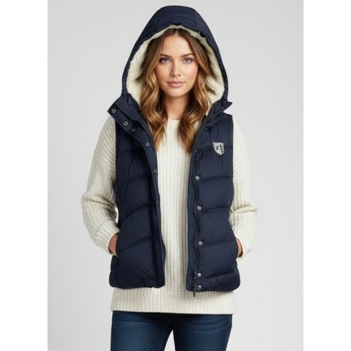 VTG American Eagle Blue Faux Fur Lined Hooded Vest Y2K Ind