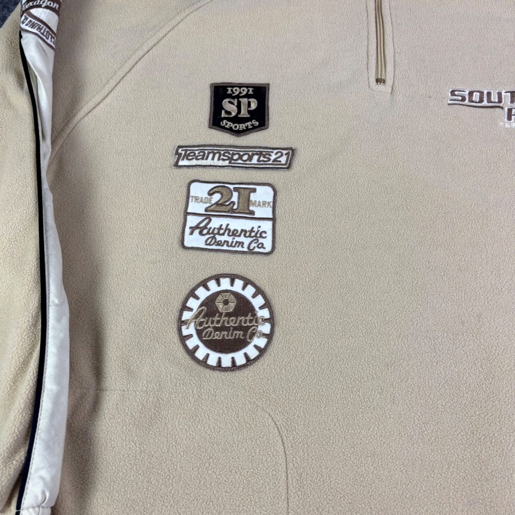 Southpole Southpole Mens Quarter Zip Fleece Pullover Tan Vintage Patches Large RN82628 Size US L / EU 52-54 / 3 - 8 Thumbnail