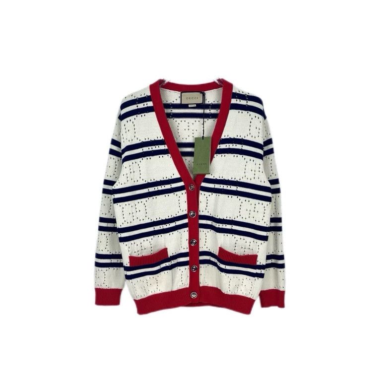 Gucci Gucci Beige striped hollow double Glogo large V-neck cardig Size US S / EU 44-46 / 1 - 1 Thumbnail