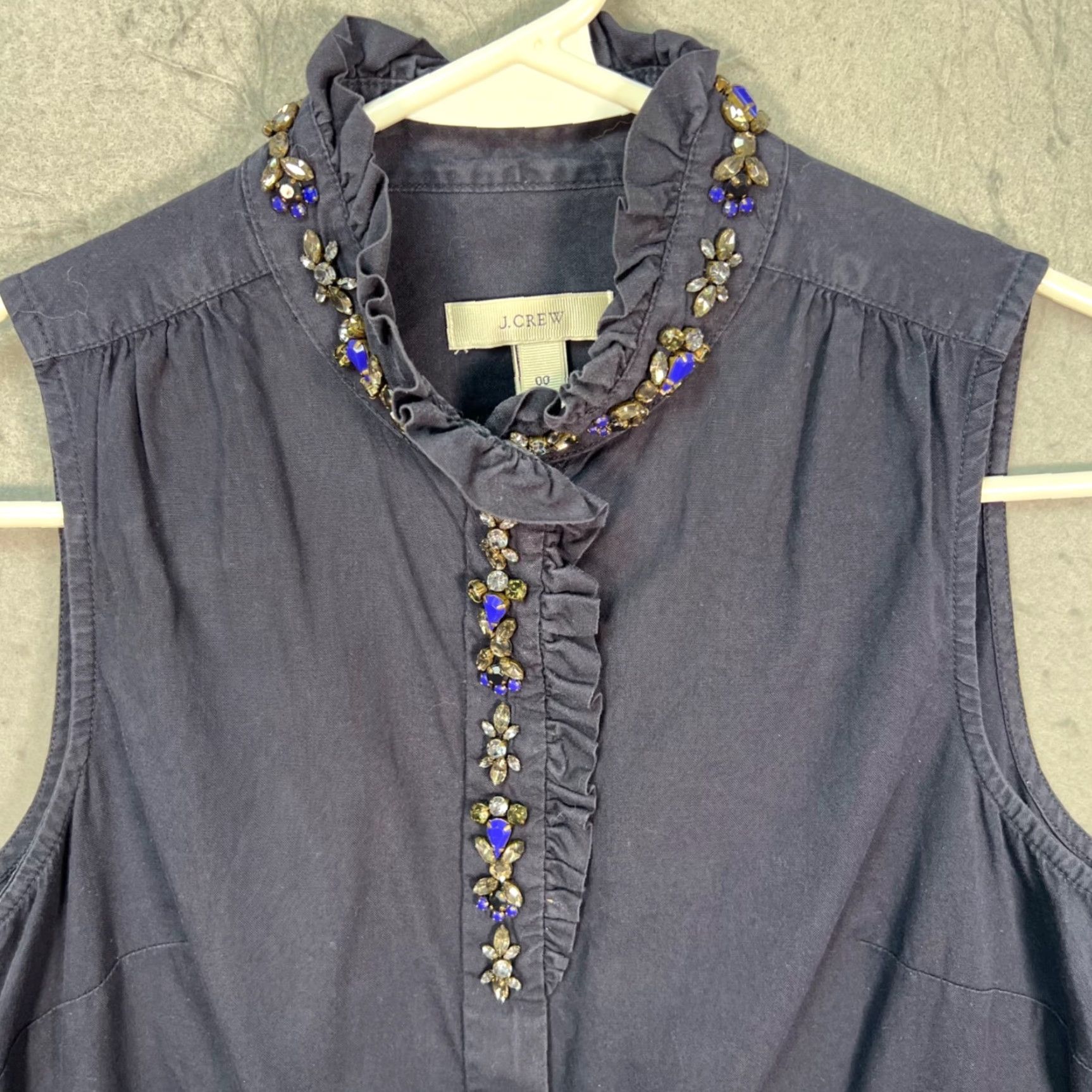 J.Crew J. Crew Blouse Navy Blue Sleeveless Cotton Embellished Jeweled Collar 00 Size XXS / US 00 / IT 34 - 5 Thumbnail