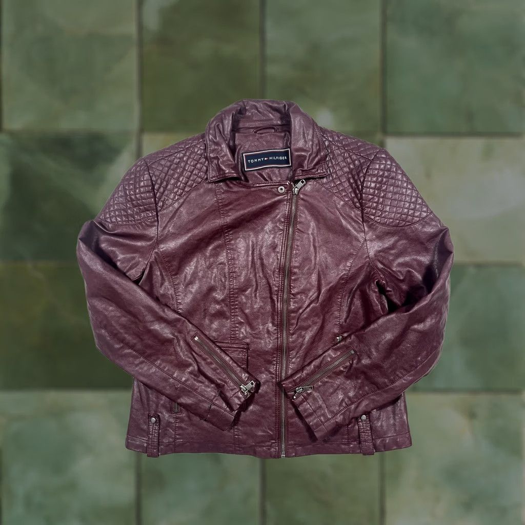 Tommy Hilfiger Tommy Hilfiger Jacket Womens Large Red Faux Leather Moto Biker Quilted Zip Short Size 36" / US 14 / IT 50 - 1 Thumbnail