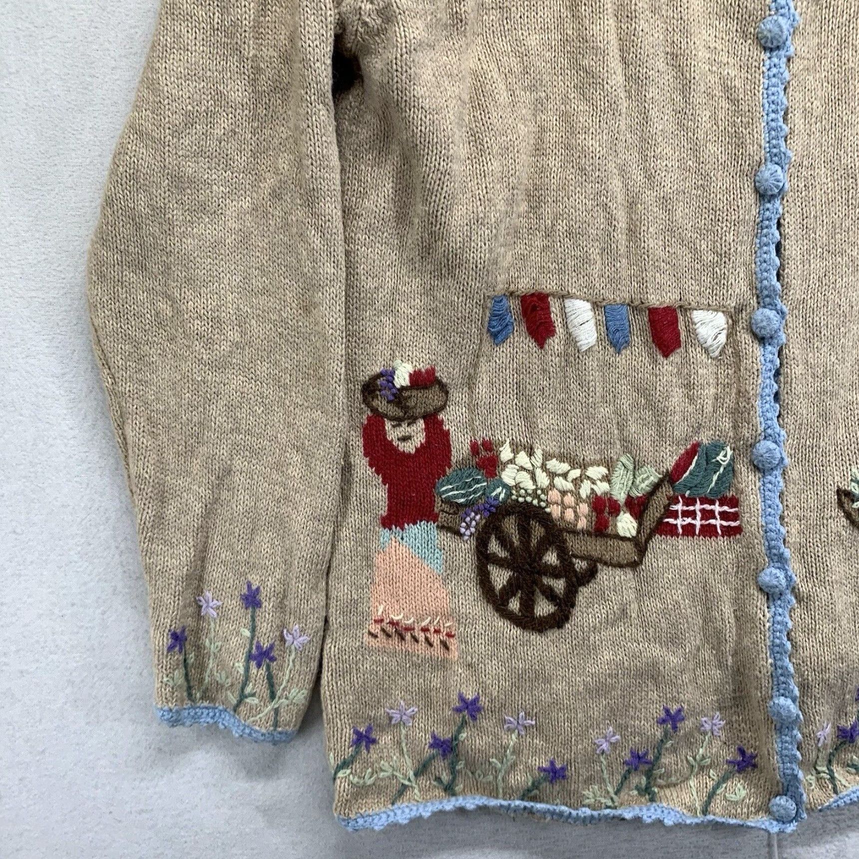 Vintage VINTAGE Stitches in Time Women's Small Cardigan Sweater Beige Long Sleeve Embroidered Cottage Garden Theme Bohemian 90s Cotton Ramie Blend Size S / US 4 / IT 40 - 2 Thumbnail