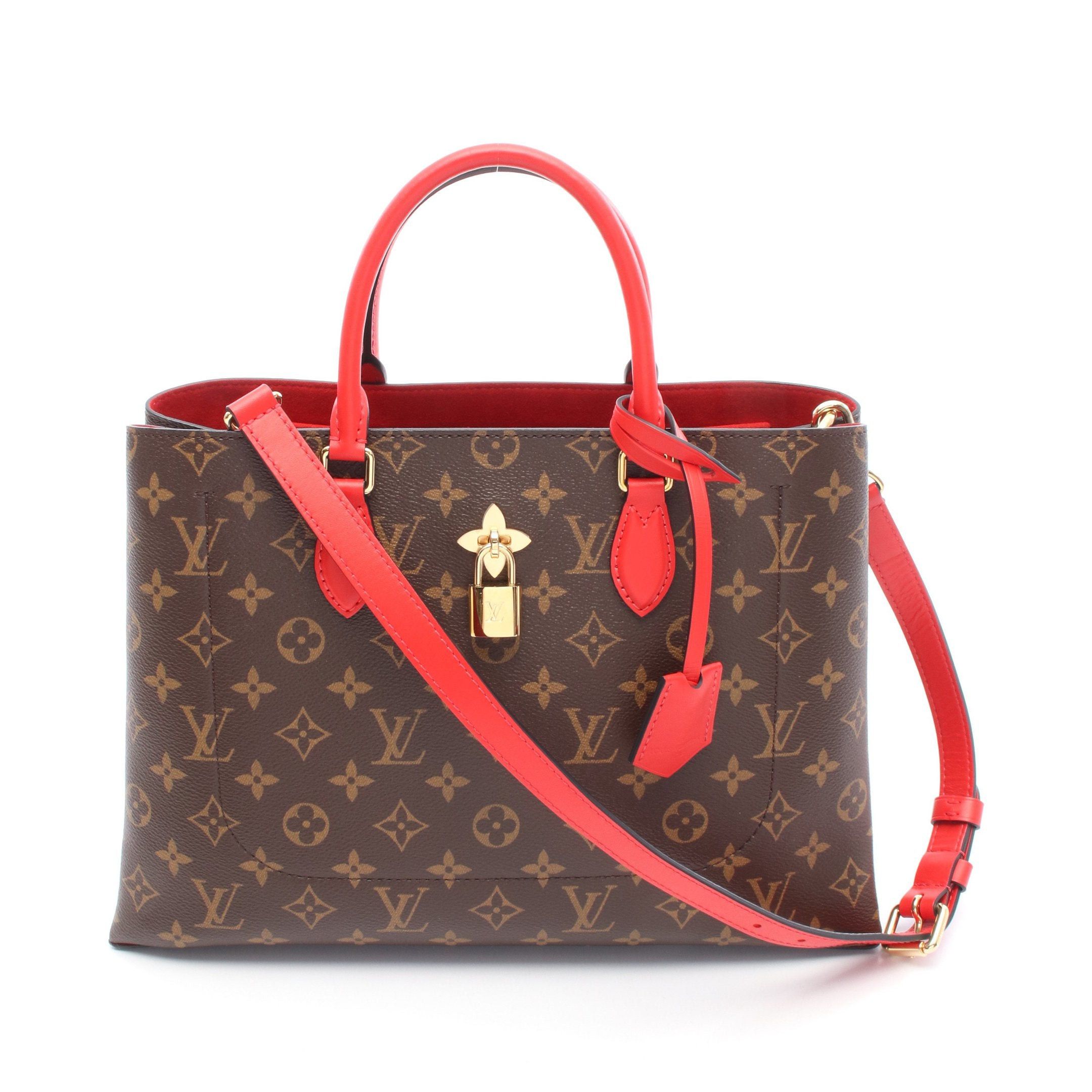 Louis Vuitton Flower Tote Monogram Coquelicot Handbag Bag Leather Brown Red, Women's