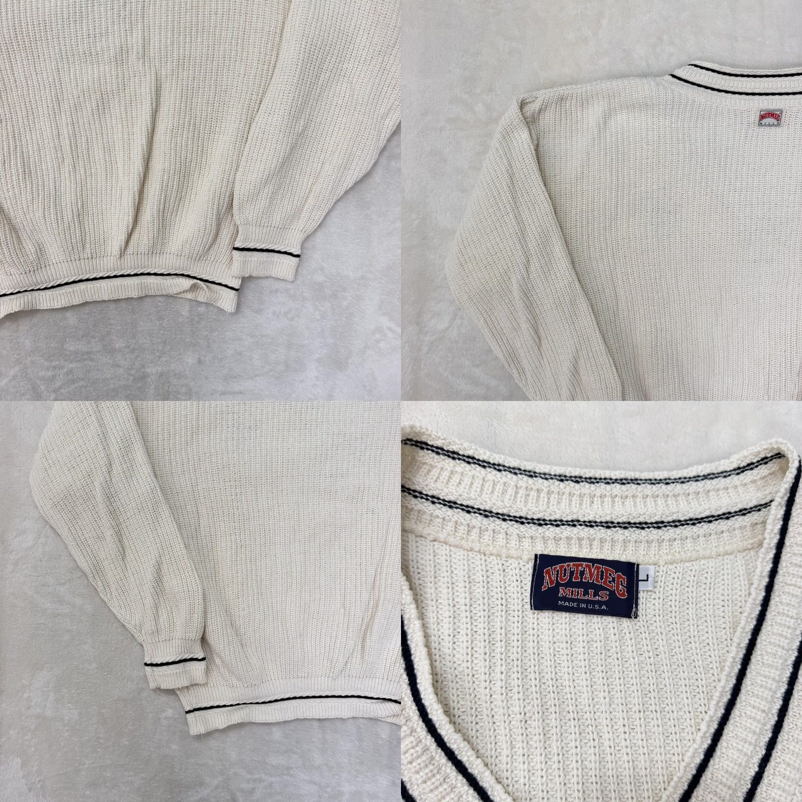 Nutmeg VINTAGE Nutmeg Mills Sweater Mens Large White V Neck Pullover Knit Embroidered Size US L / EU 52-54 / 3 - 9 Thumbnail