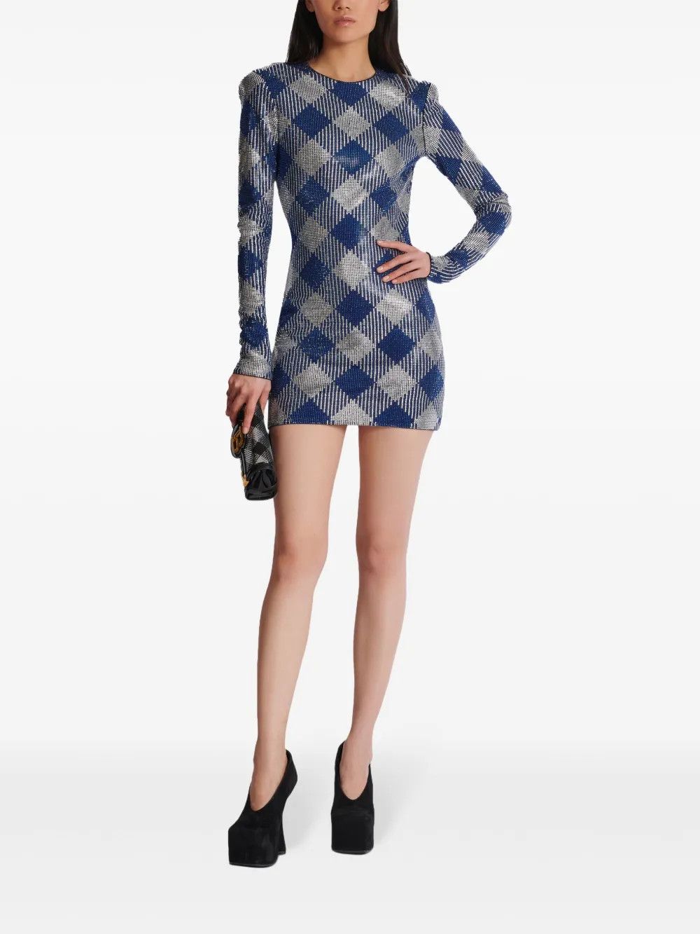 Balmain o1s1wg111225 Gigham Rhinestone Mini Dress in Navy Blue Size M / US 6-8 / IT 42-44 - 2 Thumbnail
