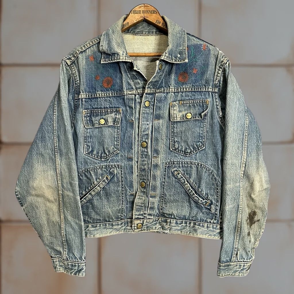 Vintage Vtg Ely Cattleman Denim Jacket M Blue Hand Painted Distressed 60/70s Pleated Look Hippy Womens Jacket Size M / US 6-8 / IT 42-44 - 1 Thumbnail