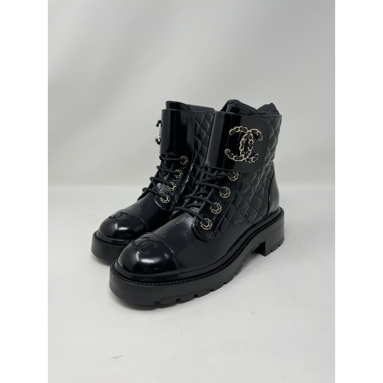 Chanel Chanel Brave Leather Quilted Combat Boots Patent Black 37.5 Size US 7.5 / IT 37.5 - 5 Thumbnail