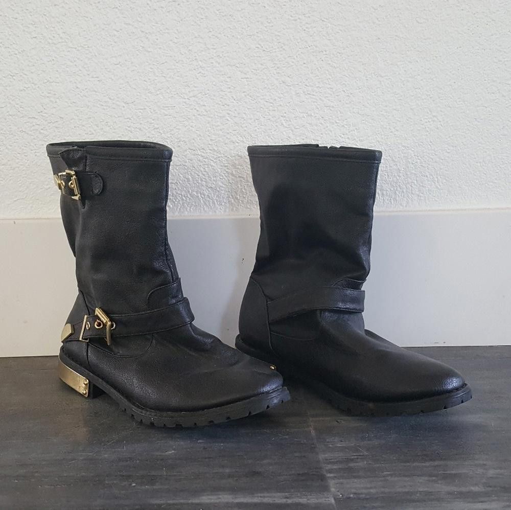Designer Black Gold Detailed Moto Boots Size US 6 / IT 36 - 2 Thumbnail