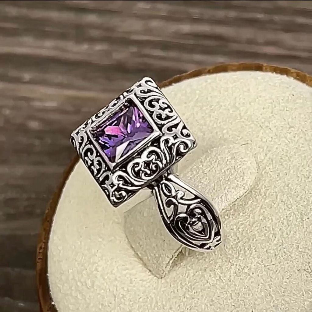 Other Sterling Silver Ornate Square Cut Amethyst CZ Ring Sz 8 New Size ONE SIZE - 5 Thumbnail