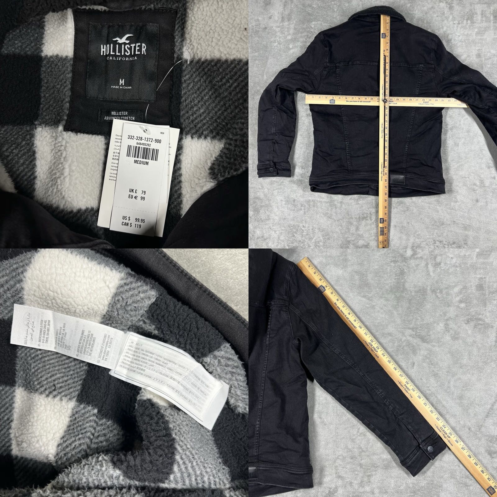 Hollister Epic Flex Jacket Denim Black Sherpa-Lined Men's M