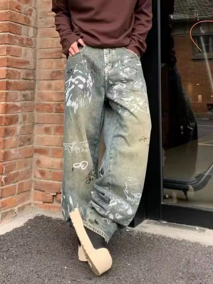 Jean Graffiti-Print Wide-Leg Denim Pants | Oversized Streetwear Size US 27 - 11 Thumbnail