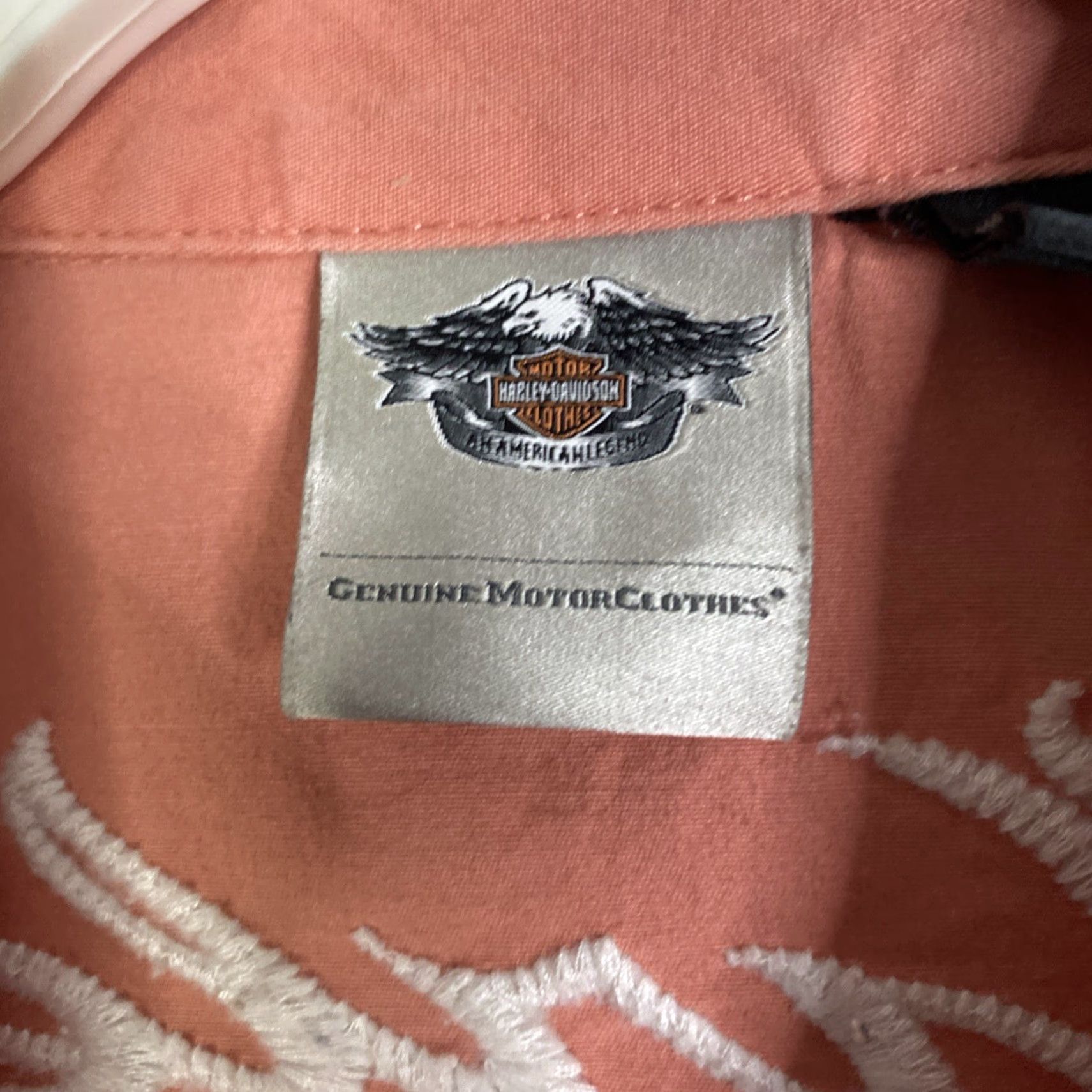 Harley Davidson VTG Y2K HARLEY-DAVIDSON GENUINE MOTORS ORANGE WHITE ZIP-UP SHIRT M Womens V-Neck Short Sleeve Slim Fit Cotton Blend Embroidered Zip Vintage: Yes Size M / US 6-8 / IT 42-44 - 5 Thumbnail