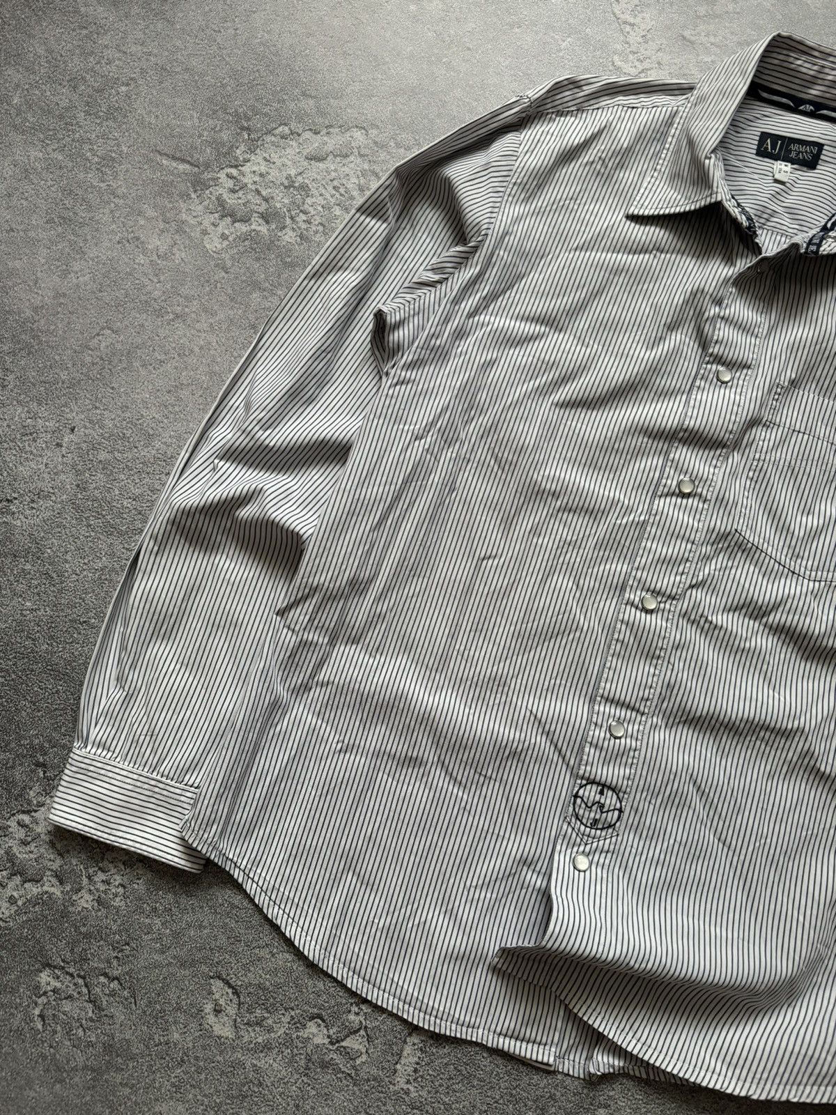Armani × Vintage Armani Jeans M striped big logo shirt polo long sleeve buton Size US M / EU 48-50 / 2 - 9 Thumbnail