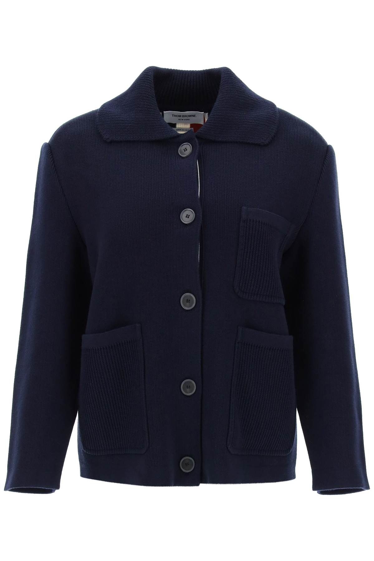 image of Thom Browne Cotton-Cashmere Knit Jacket in Navy, Women's (Size Medium)
