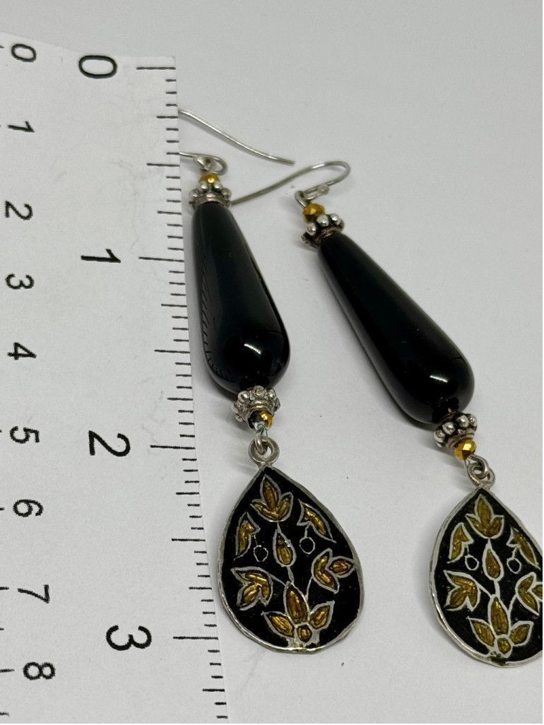 The Unbranded Brand Navajo Designer Large Onyx Sterling Beaded Drop Earrings 3" Size ONE SIZE - 2 Thumbnail