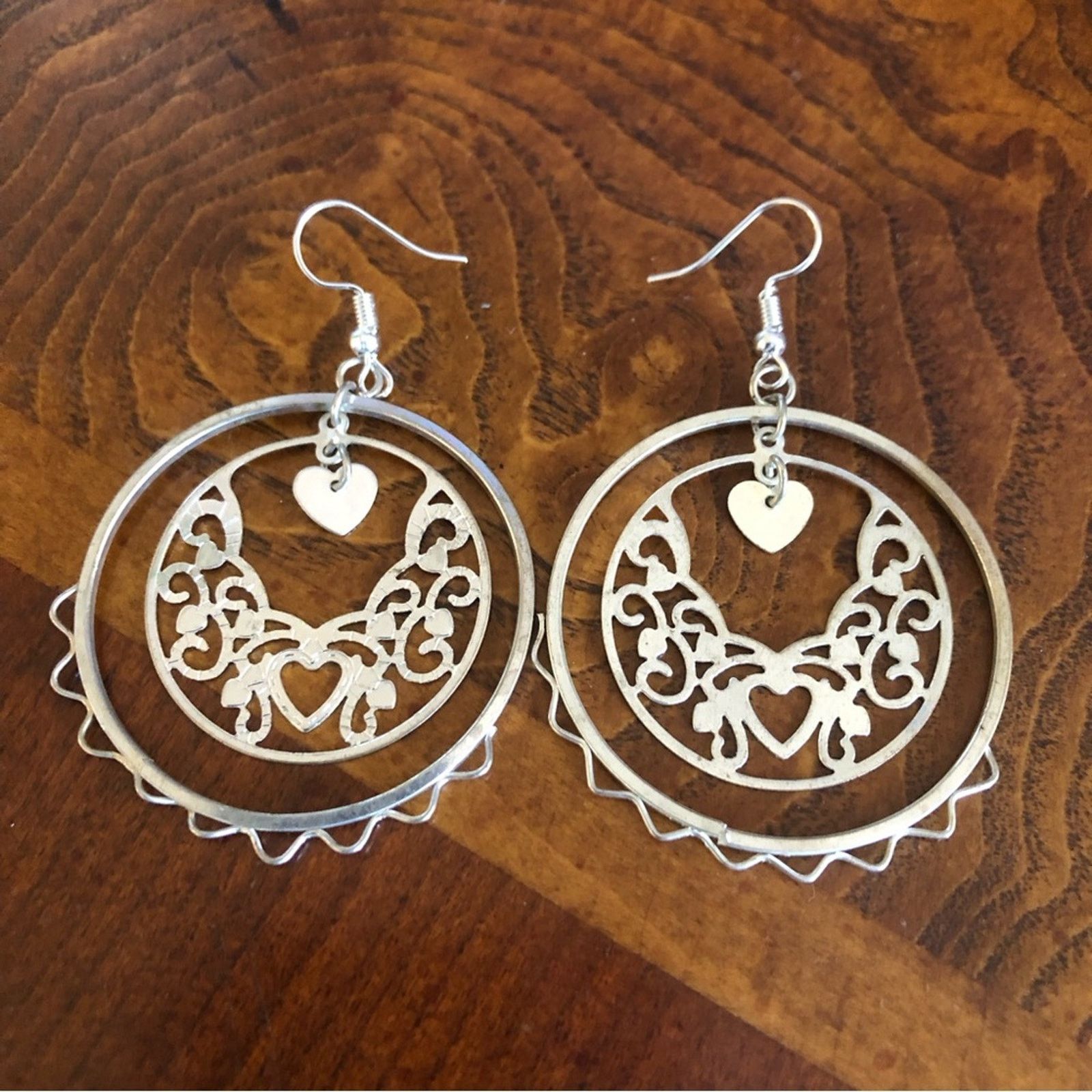 Jewelry Shiny silver plated heart accent double ring dangle earrings Size ONE SIZE - 2 Thumbnail