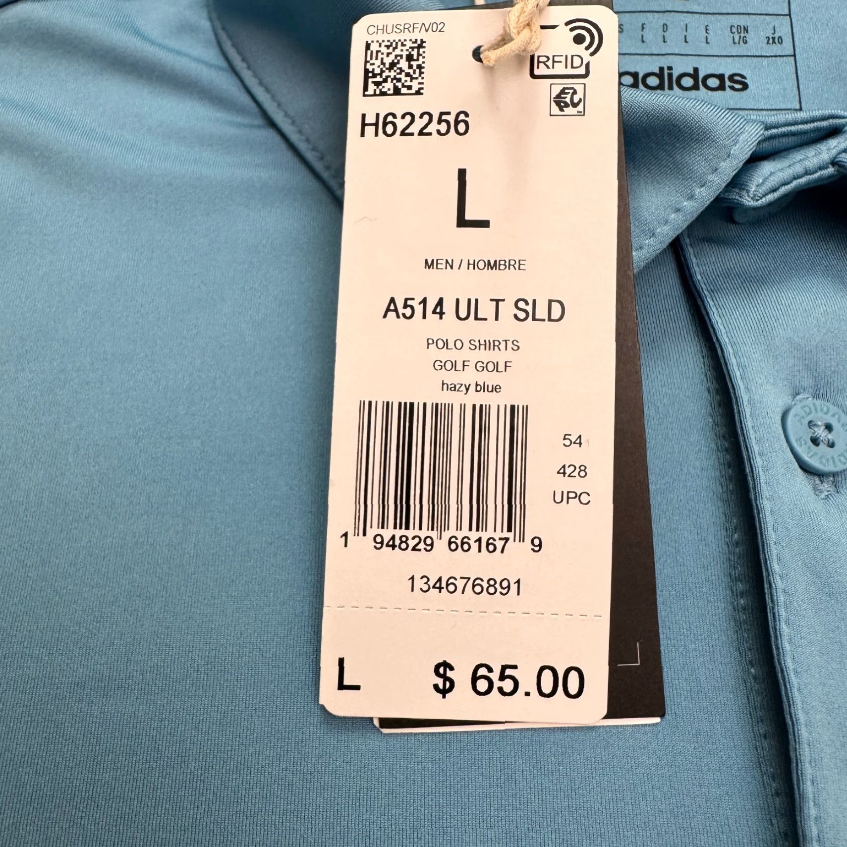 Adidas Adidas Golf Polo Shirt Mens Large Blue A514 ULT Clearway Luna Valley Polo Shirt, Regular, Short Sleeve, Button-Front, Breathable, All Seasons, NWT Size US L / EU 52-54 / 3 - 6 Thumbnail