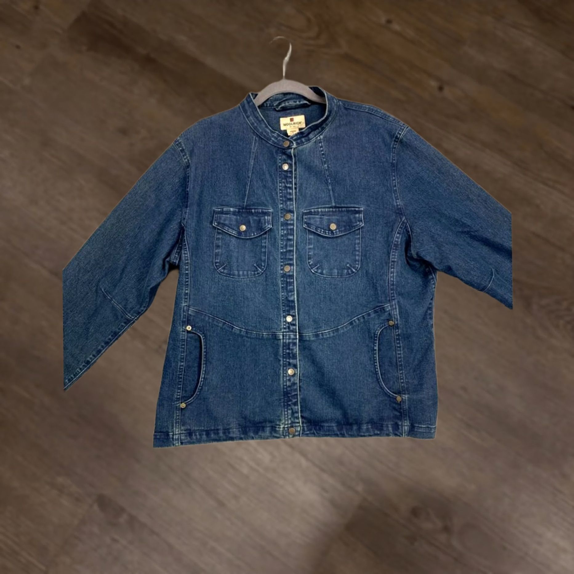 Vintage Woolrich Jean Jacket Womens XL Blue Stretch Snap Button Mandarin Collar Ladies Size 40" / US 18 - 1 Thumbnail