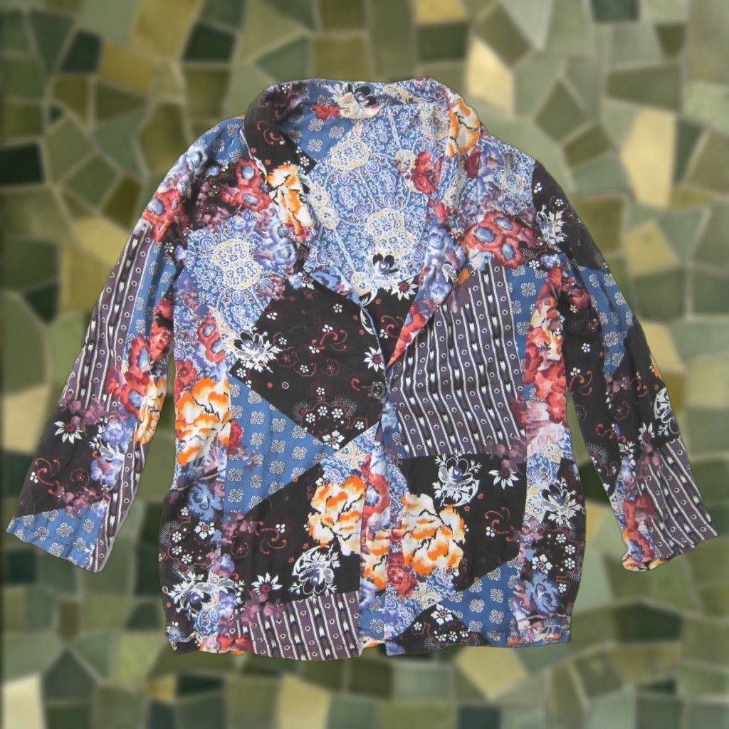 Vintage Jaase Blazer Jacket Women XS Floral Boho 100% Rayon Blue Orange Black Button Blazer, Long Sleeve, Lightweight, Regular Length, 1 Piece, Vintage? No. Size XS / US 0-2 / IT 36-38 - 1 Thumbnail