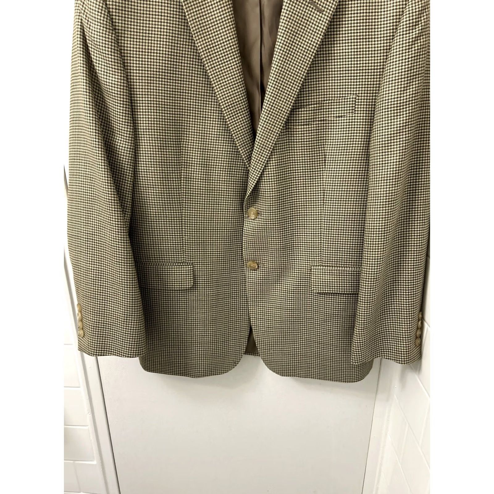 Ralph Lauren VINTAGE Lauren Ralph Lauren Blazer Mens 40S Brown Houndstooth Wool Silk Blend Jacket Coat Regular Notch Two-Button Front Size 40R - 3 Thumbnail