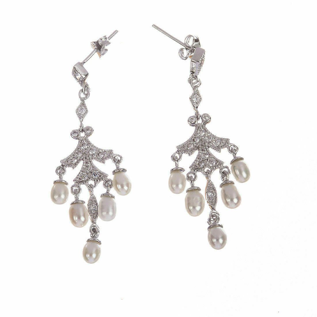 Designer Sterling Silver Cubic Zirconia and Pearl Chandelier Earrings Size ONE SIZE - 1 Thumbnail