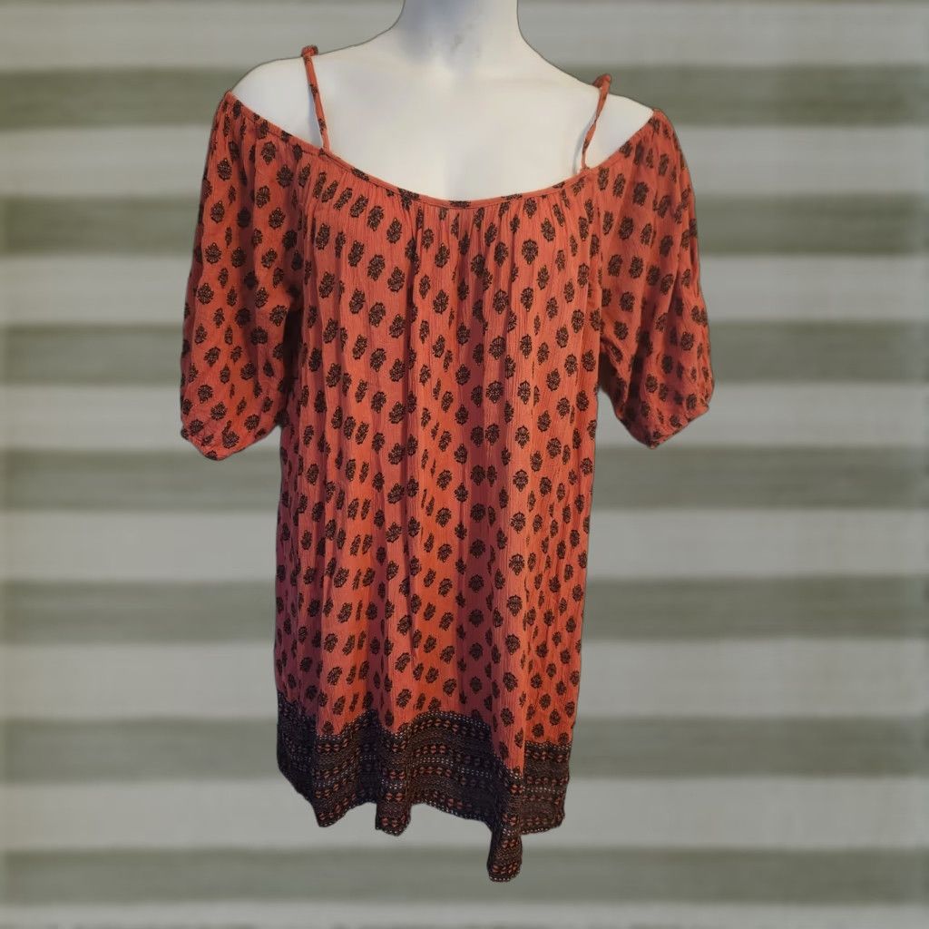Vintage Indulge In Style Cold Shoulder Boho Print Mini Dress Hippie 2X Plus Size XXL / US 16-18 / IT 52-54 - 1 Thumbnail
