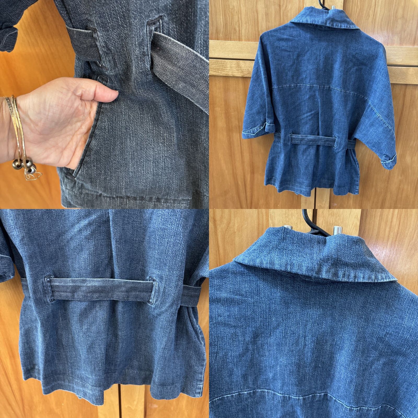 Denime VINTAGE Kikit Denim Jacket Buttons 3/4 Sleeve Pockets Belted Cotton Point Collar XL Blue Size XL / US 12-14 / IT 48-50 - 8 Thumbnail