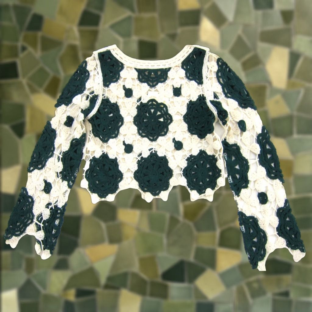 Vintage NWT Rebellion Again Green Ivory Floral Crochet Open Knit Cropped Sweater XS Size XS / US 0-2 / IT 36-38 - 1 Thumbnail