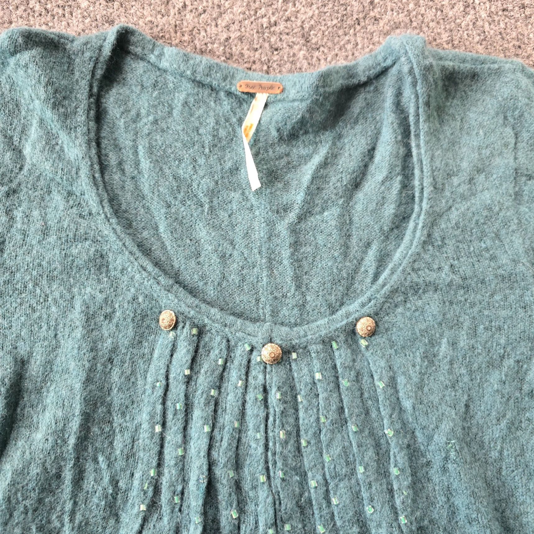 Free People Free People Sweater Womens Size S Green Merino Wool Beaded Sheer Casual Boho Pullover Long Sleeve Round Neck Knit Open-Knit Atlantic Bohemian Size S / US 4 / IT 40 - 2 Thumbnail