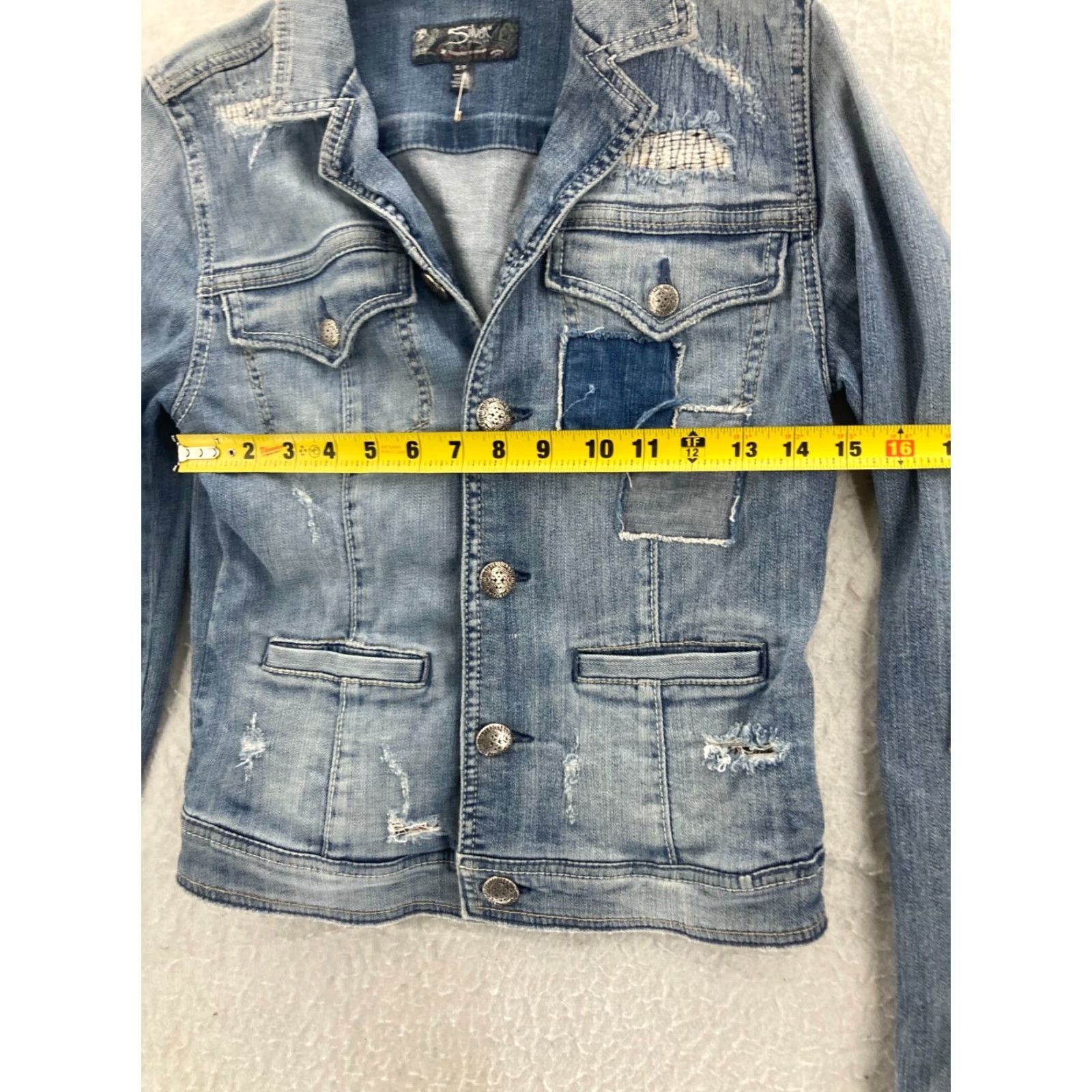 Denime VINTAGE Silver Jeans Denim Jacket Womens Small Blue Stretch Patchwork Trucker Size 28" / US 6 / IT 42 - 2 Thumbnail