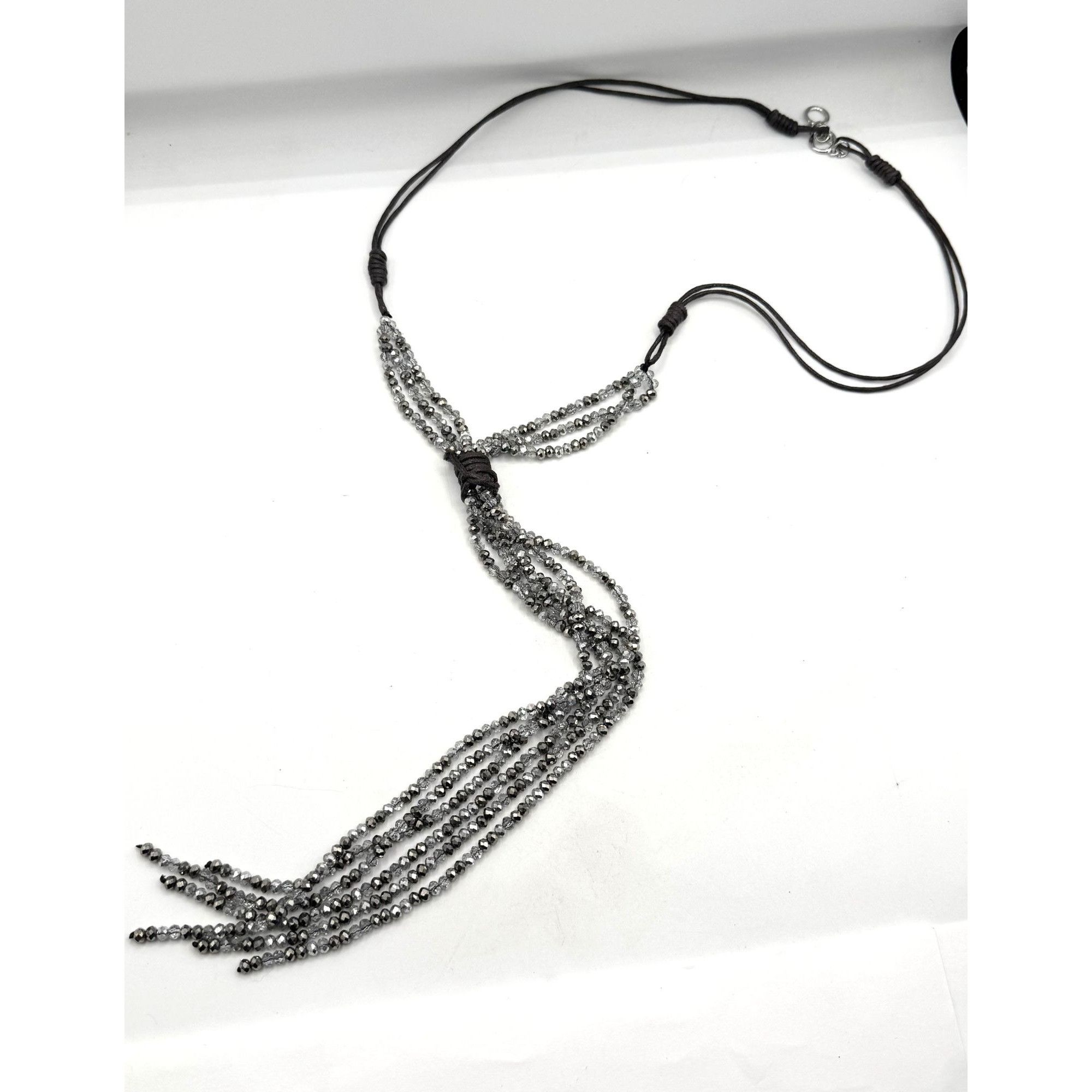 Vintage Gray Crystal Beaded Tassel Leather Necklace Size ONE SIZE - 1 Thumbnail