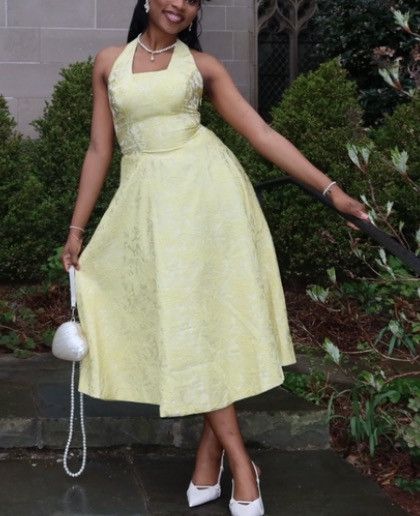 Other Yellow jacquard satin halter midi dress Size M / US 6-8 / IT 42-44 - 3 Thumbnail