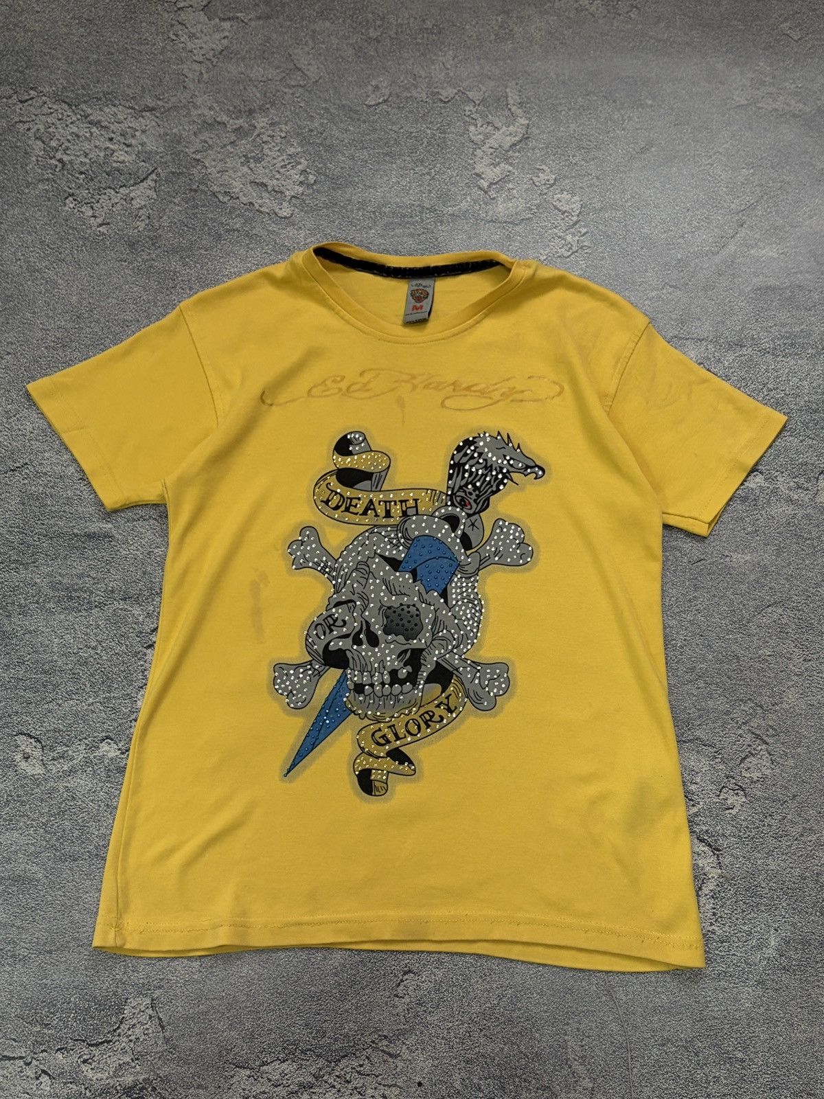 Ed Hardy Ed Hardy "Death or Glory" Yellow Tattoo Rhinestone Tee M Size US M / EU 48-50 / 2 - 1 Thumbnail