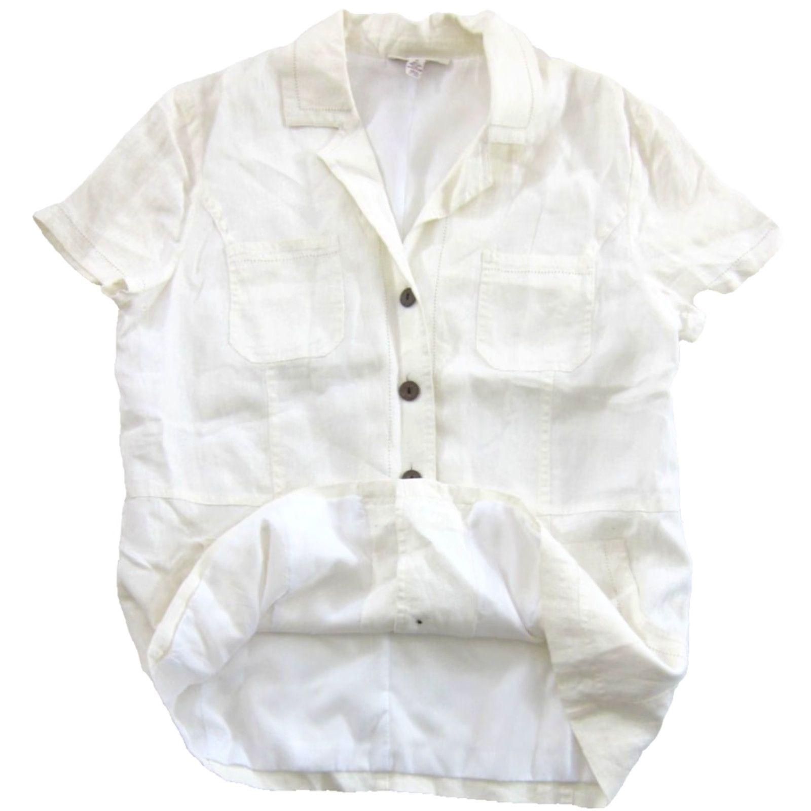 JM Collection JM Collection Ivory 100% Linen Short Sleeve Collared V-Neck Button Down Blouse 14 Size XL / US 12-14 / IT 48-50 - 5 Thumbnail
