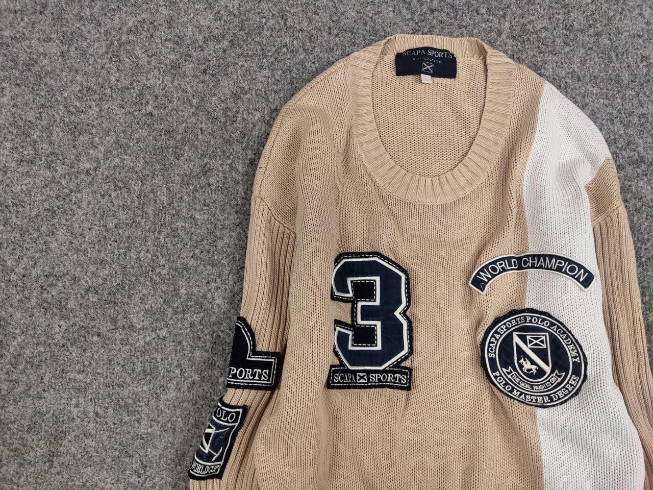 Japanese Brand Vintage 90's Polo Skarpa Sports Knit beige Patchwork Sweater Size US L / EU 52-54 / 3 - 11 Thumbnail