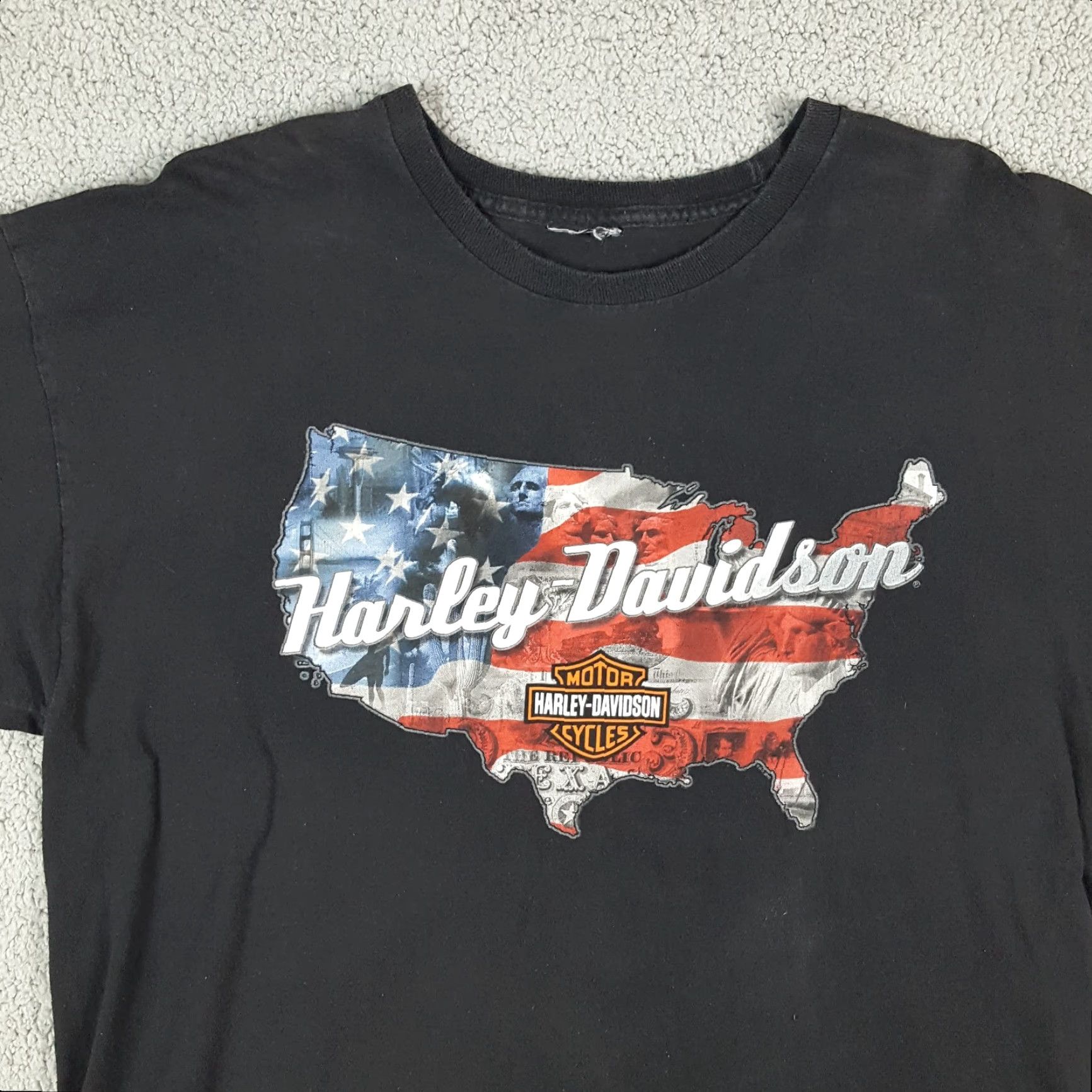 Harley Davidson VINTAGE Harley-Davidson T-Shirt Motorcycle Faded USA Map Men's XL Black Patriotic Biker 00s 90s Vintage Grunge Logo Embroidered Mens T-Shirt Size US XL / EU 56 / 4 - 2 Thumbnail