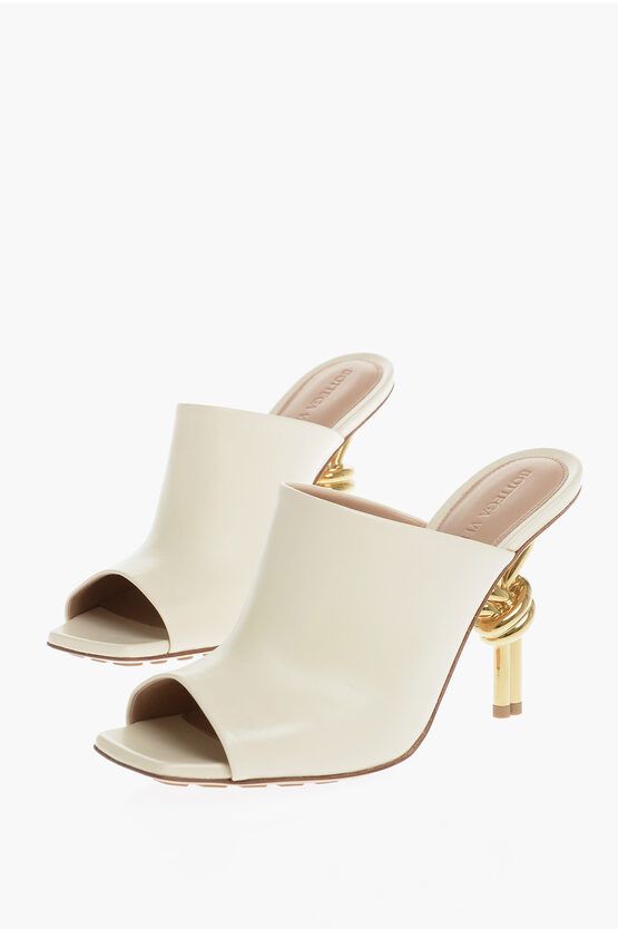 image of Bottega Veneta Leather Knot Mules With Statement Heel Shoes in White, Women's (Size 10)