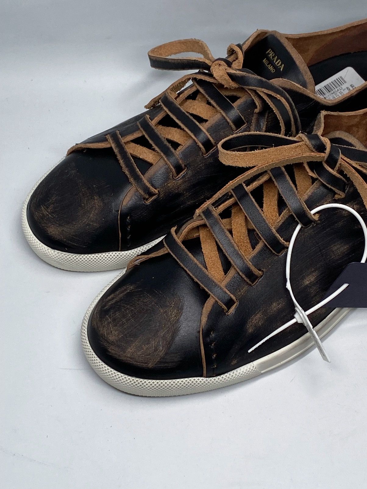 Prada Prada Distressed Low-Top Leather Sneakers size 38.5 Size US 8.5 / IT 38.5 - 10 Thumbnail