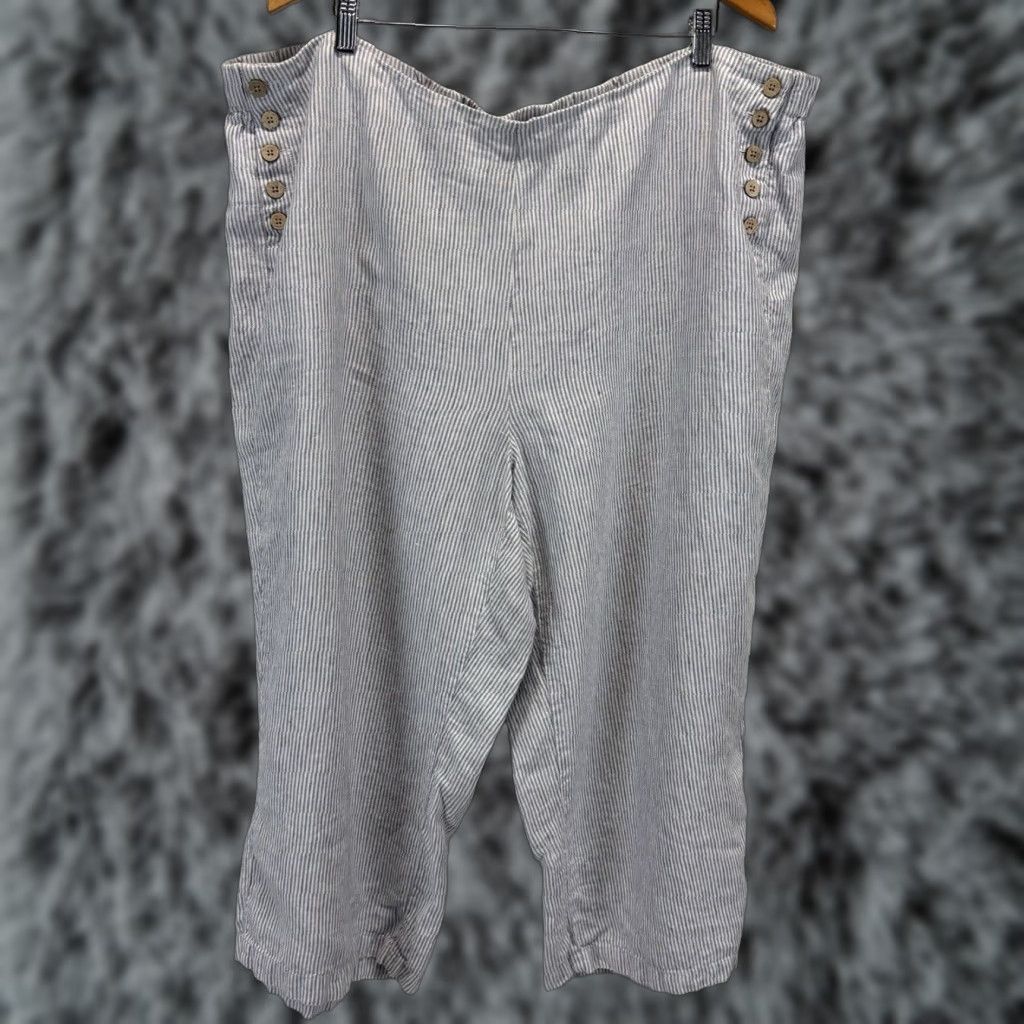 J. Jill J. Jill Love Linen Crop Capri Pants Sz 4X Plus Blue White Striped Buttons Size 40" / US 18 - 1 Thumbnail